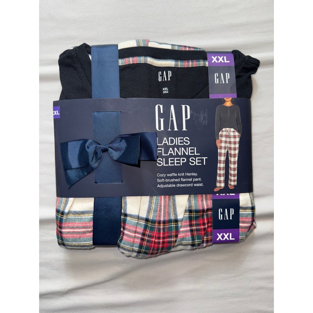 Gap Ladies Flannel Sleep Set XXL‎ Pajamas Waffle Knit Henley Plaid PantsNew